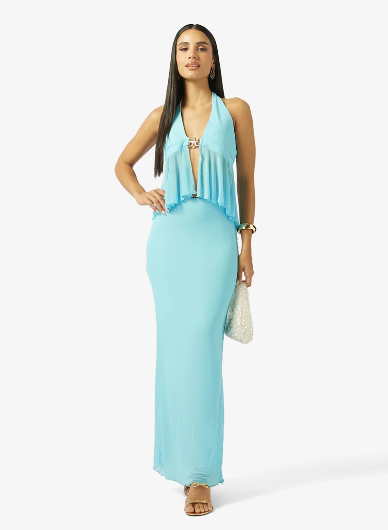 Ginger Halter Neck Top & Skirt Coord Set with Golden Accent